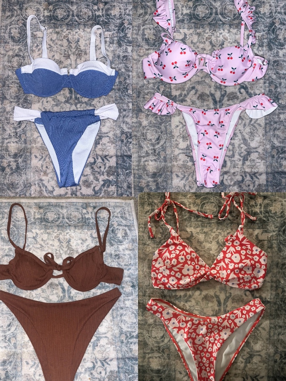 SHEIN Four Women’s Bikini Sets — Blue, Pink Cherry, Brown, Red Floral